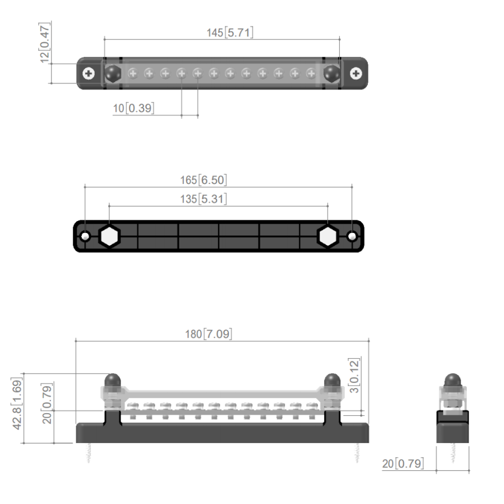 150A 12 Screw Tinned Busbar with Transparent Cover