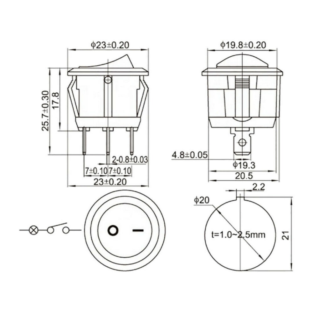 On-Off Round Rocker Switch with 12V Illuminated Dot 20mm - Furneaux Riddall