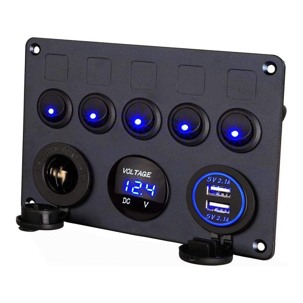 5 Gang Switch Panel with 12V Socket, USB and Voltmeter