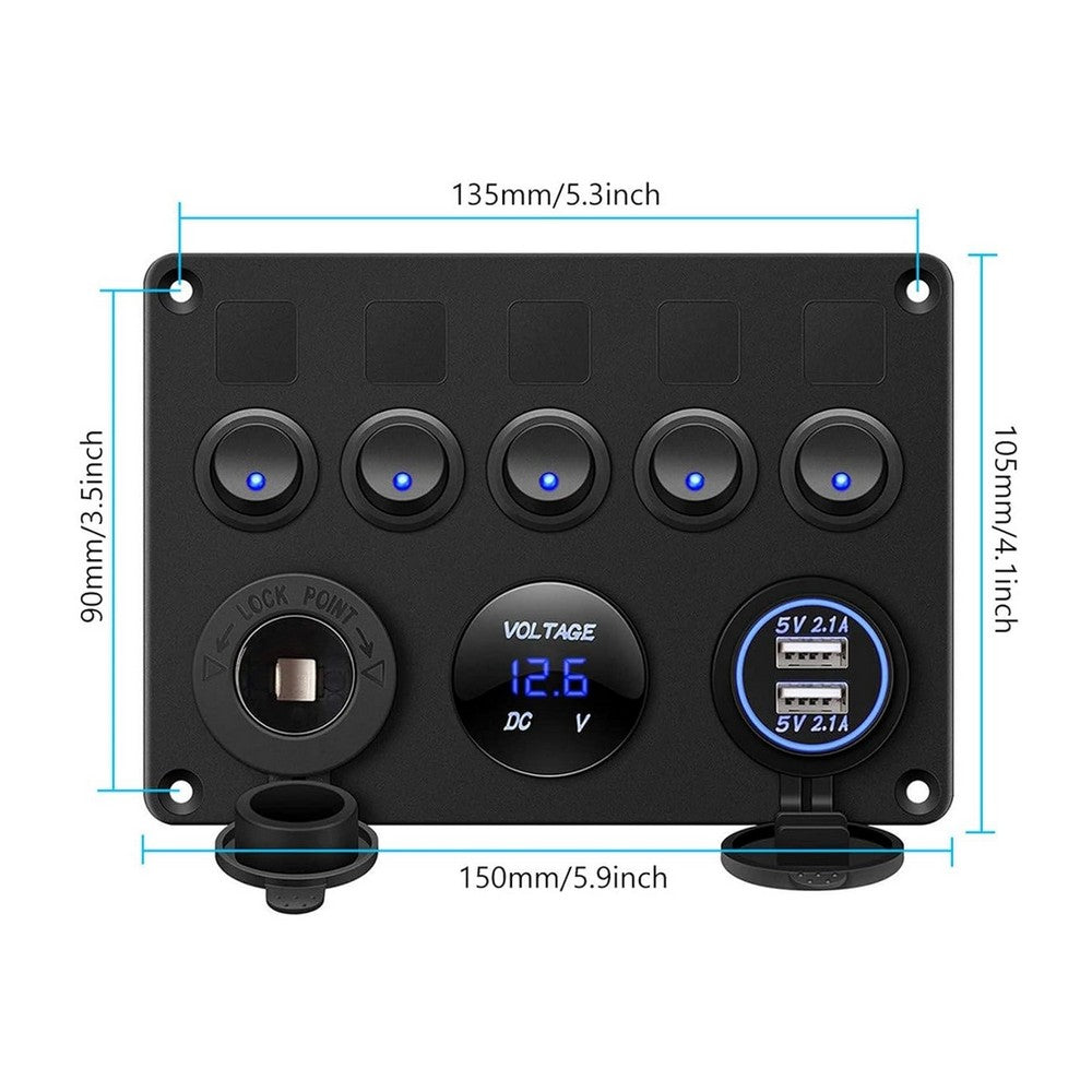 5 Gang Switch Panel with 12V Socket, USB and Voltmeter