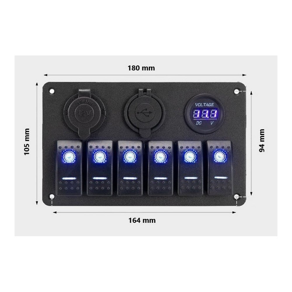 6 Gang Waterproof Switch Panel with 12V Socket, USB and Voltmeter