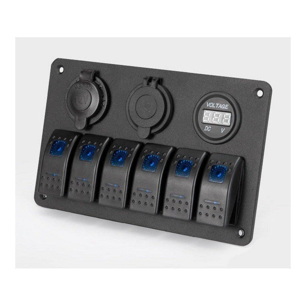 6 Gang Waterproof Switch Panel with 12V Socket, USB and Voltmeter