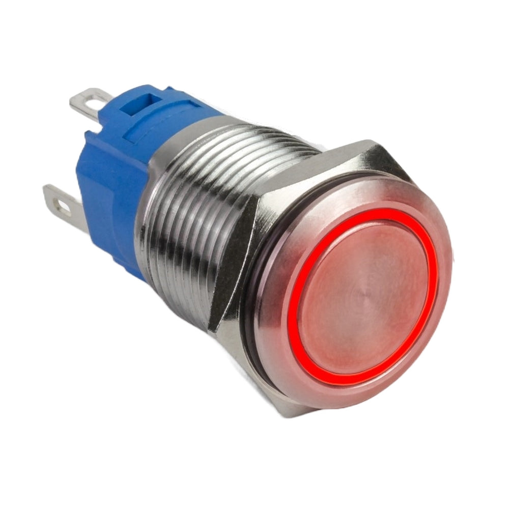 Anti Vandal Stainless Steel LED Push Switch with Connector - 12V Red