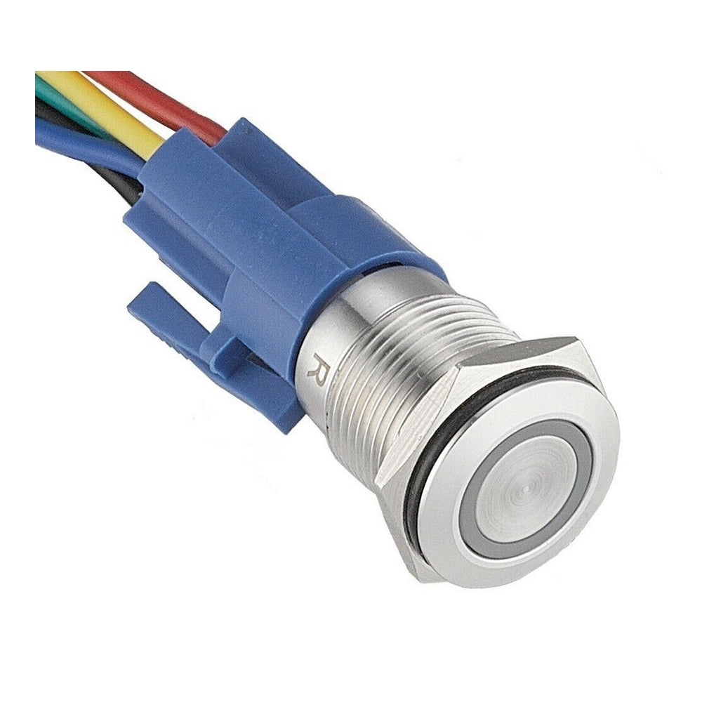 Anti Vandal Stainless Steel LED Push Switch with Connector - 12V Blue