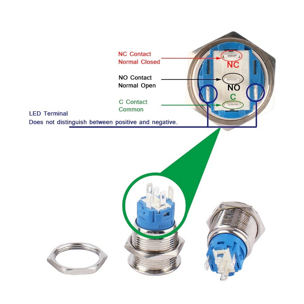 Anti Vandal Stainless Steel LED Push Switch with Connector - 12V Red